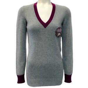 Chanel Grey / Magenta Cashmere V Neck Sweater with Crest